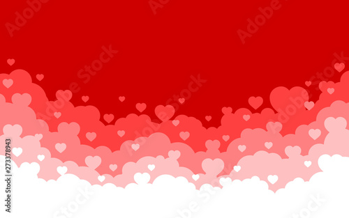 Cloudy sky with red hearts background. Valentines day holiday card. Cartoon flat style design. Vector illustration