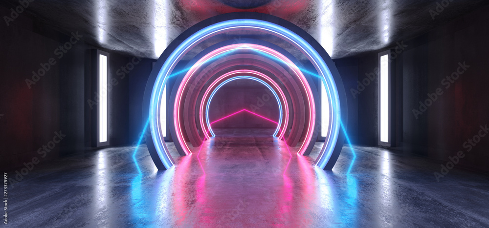 Fototapeta premium Future Sci Fi Circle Concrete Grunge Neon Lights Glowing Purple Blue Laser Fluorescent Dark Empty Underground Tunnel Corridor Vibrant Garage Gallery Arc Entrance Gate 3D Rendering