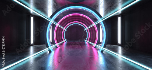 Fototapeta Naklejka Na Ścianę i Meble -  Future Sci Fi Circle Concrete Grunge Neon Lights Glowing Purple Blue Laser Fluorescent Dark Empty Underground Tunnel Corridor Vibrant Garage Gallery Arc Entrance Gate 3D Rendering