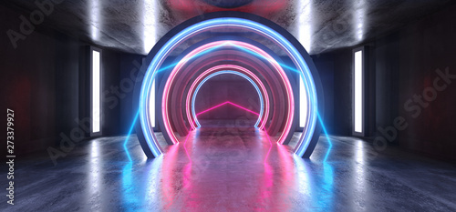 Future Sci Fi Circle Concrete Grunge Neon Lights Glowing Purple Blue Laser Fluorescent Dark Empty Underground Tunnel Corridor Vibrant Garage Gallery Arc Entrance Gate 3D Rendering