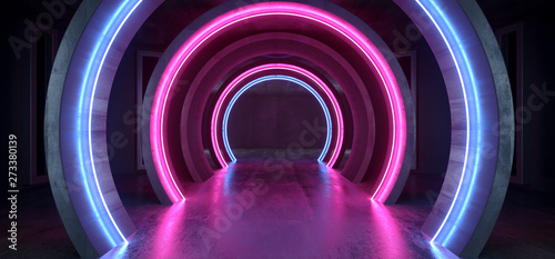 Fototapeta Naklejka Na Ścianę i Meble -  Futuristic Neon Lights Sci Fi Glowing Purple Blue Virtual Vibrant Underground Garage Tunnel Corridor Grunge Concrete Reflection Dark Empty Circle Shapes 3D Rendering