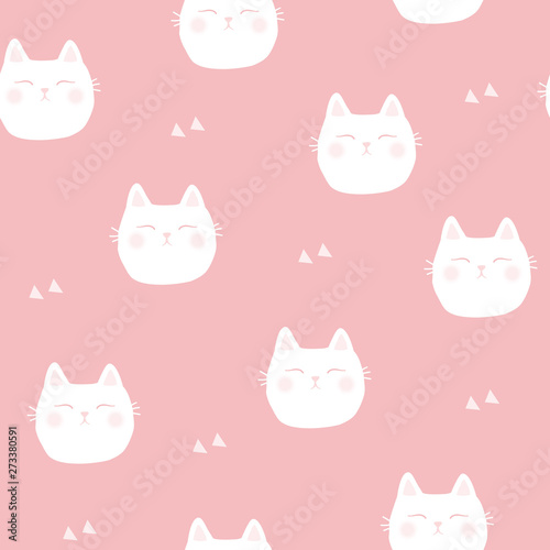 Seamless pattern with white cute cat. Girlish pastel print for fabric. Vector hand drawn illustration.