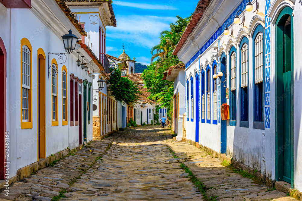 Street of historical center in Paraty, Rio de Janeiro, Brazil. Paraty is a preserved Portuguese colonial and Brazilian Imperial municipality - obrazy, fototapety, plakaty 