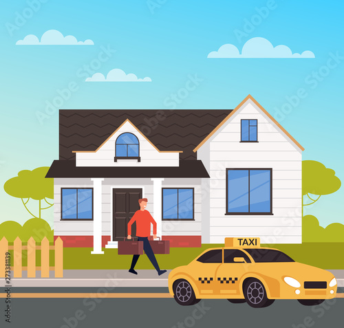 Man passenger character waiting taxi cab and holding bags. Transportation travel service concept. Vector flat cartoon graphic design isolated illustration