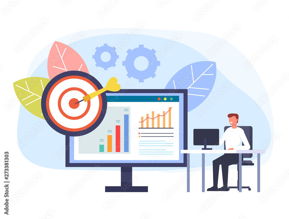 Man office businessman character working at computer. Digital marketing concept. Vector flat graphic design cartoon illustration Man office businessman character working at computer. Digital marketing concept. Vector flat graphic design cartoon illustration