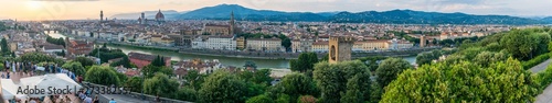 Long panoramic view of Florence from Piazzale Michelangelo. Cityscape panorama with the Arno river, basilica, cathedral, Palazzo Vecchio