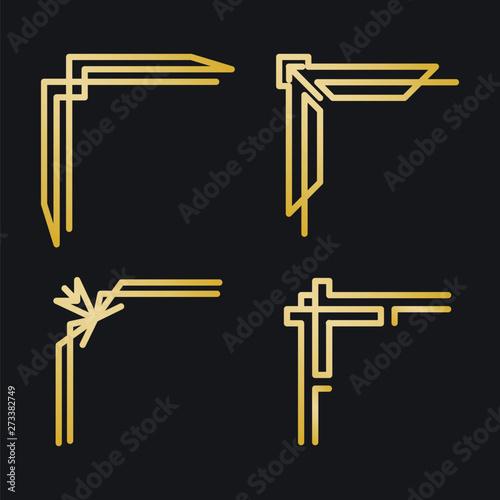 Set of design elements for cards, letters, frames, jewelry and fashion. Art Deco Corners. Vector illustration.