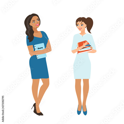 Girls students, schoolgirls hold a stack of books. The girls are smiling, in anticipation of the start of the school year. Pupils of different nationalities. Vector illustration on white background.