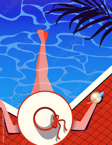 Summer pool party illustration.Woman in a big hat swimming in the pool