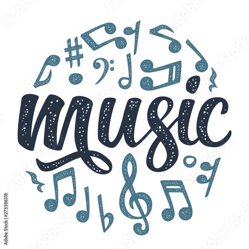 Set notes. Music calligraphic handwriting lettering. Vector black vintage illustration
