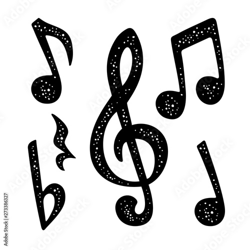 Set music notes. Music calligraphic handwriting lettering. Vector black vintage illustration