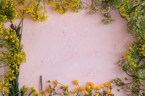 Wild flowers on a pink background, selective focus, the arrival of summer. Top view with copy space.
