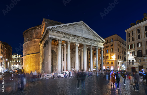 ROME, ITALY - march, 2019: The Pantheon, former Roman temple of all gods, now a church, and Fountain with obelisk at Piazza della Rotonda, at night, Rome, Italy