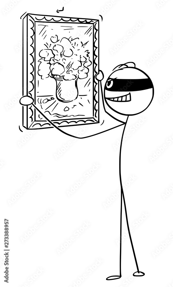 Vector cartoon stick figure drawing conceptual illustration of thief  stealing painting in museum, art gallery or house. Stock Vector | Adobe  Stock