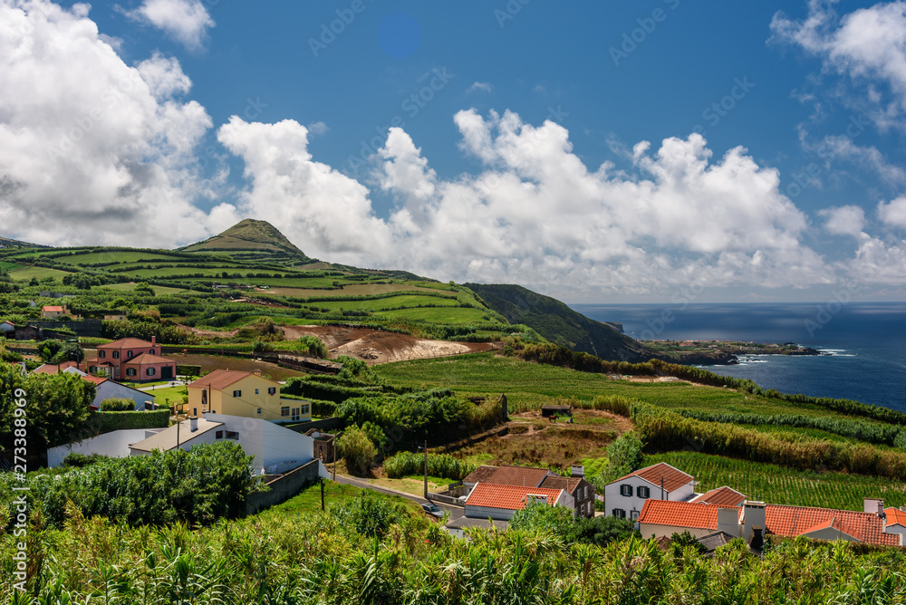 labdscape at the azores, panorama of the countryside and cliff over the sea in azores islands. portugal