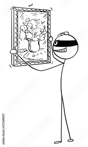 Vector cartoon stick figure drawing conceptual illustration of thief stealing painting in museum, art gallery or house.