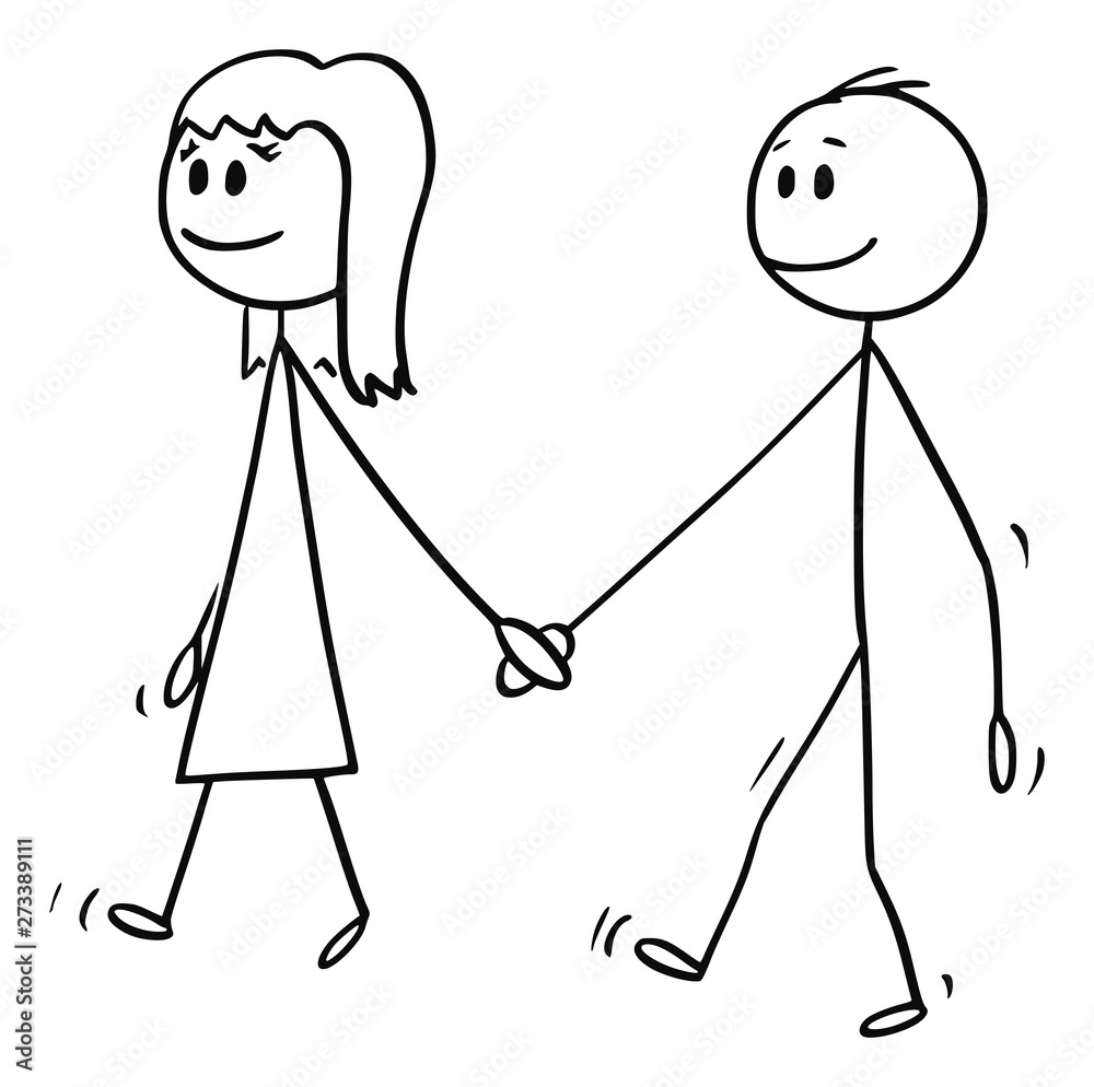 Vector cartoon stick figure drawing conceptual illustration of girl and boy  holding hands and walking together. Stock Vector