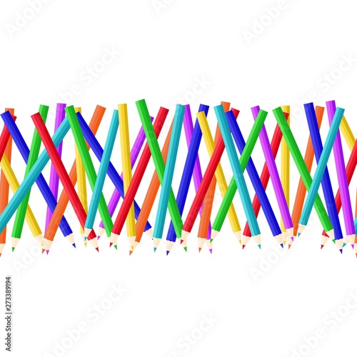 Vector chaotic endless horizontal border with colored drawing pencils. Back to school concept, cute seamless rainbow pattern for design, kids zone, offers, sale.