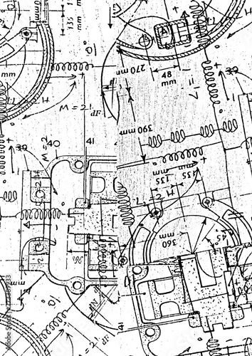 Wallpaper Mural Grunge distress vector illustration with scheme on paper or wooden panel, physics and drafring formulas, numbers and letters, geometric objects and figures. Black and white background. Torontodigital.ca