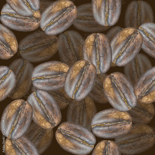 Coffee beans on brown background, 3d seamless pattern, hand-drawn with acrylics