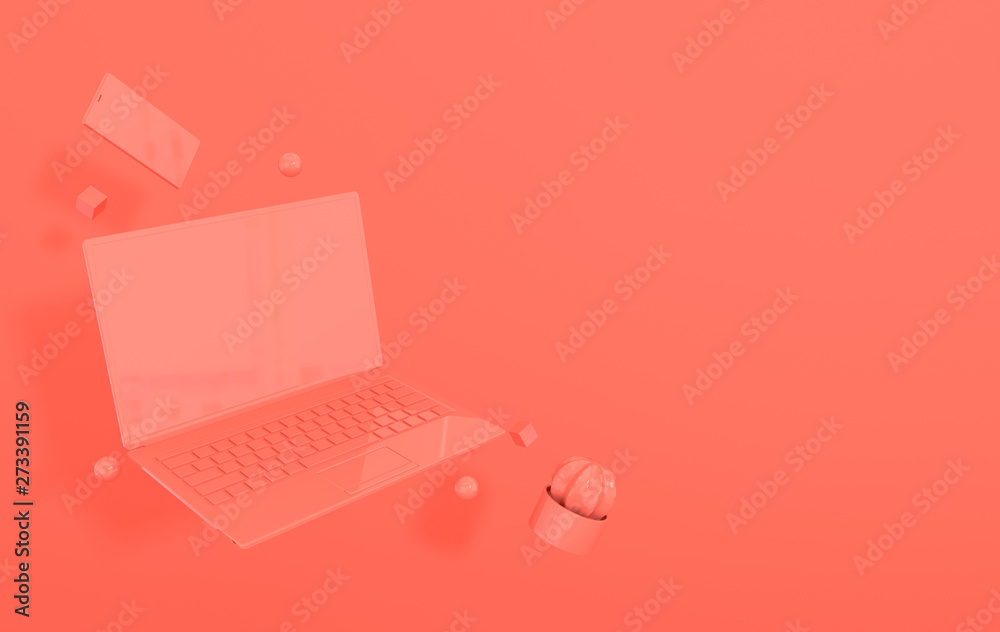 Laptop, smart phone and different geometric objects mockup background in modern minimal style. Notebook, cactus 3d render in pastel colors. Technology gadget concept