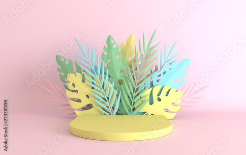Tropical paper palm, monstera leaves and flowers frame, podium platform for product presentation. Summer tropical leaf. Origami exotic jungle, summertime background. Paper cut 3d render