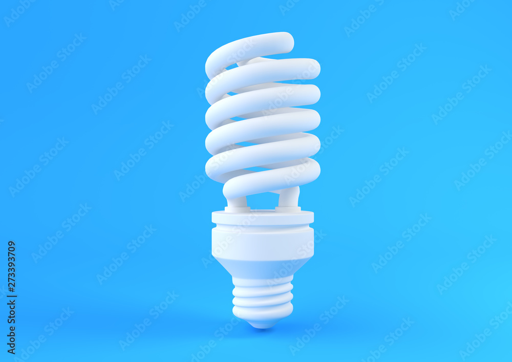 Energy saving fluorescent lightbulb isolated on pastel blue background. Minimal crative concept. 3D rendering illustration Energy saving fluorescent lightbulb isolated on pastel blue background. Minimal crative concept. 3D rendering illustration