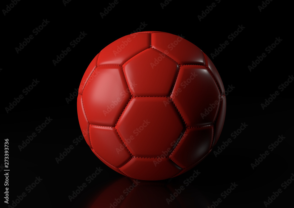 Fototapeta premium Classic red soccer ball isolated on black background. 3d render illustration