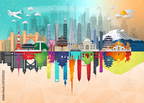 Asia famous Landmark paper art. Global Travel And Journey Infographic Bag. Vector Flat Design Template.vector/illustration.Can be used for your banner, business, education, website or any artwork.