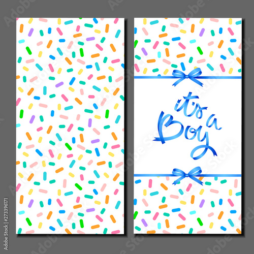 Its a boy. Card cover template. Blue hand lettering on abstract pattern with confetti sprinkles