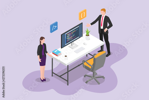 hire programmer or software developer vacancy concept with empty chair and work desk program with isometric - vector