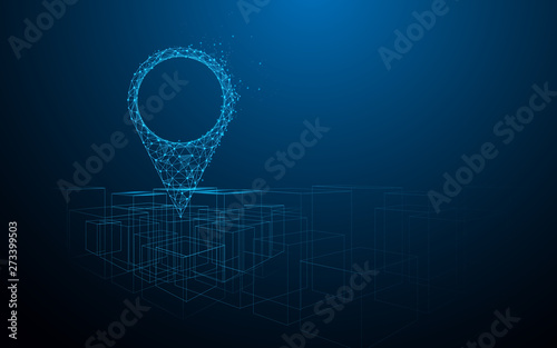Location pin on Futuristic city diagram on dark blue background