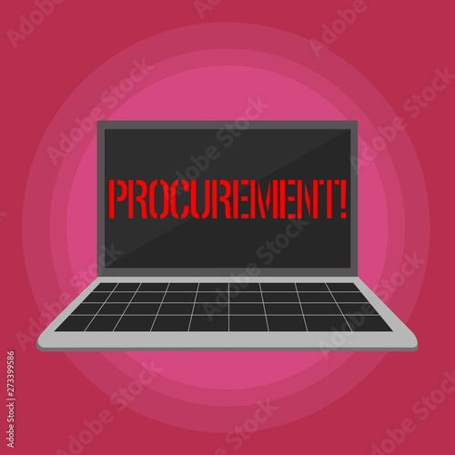 Text sign showing Procurement. Business photo text Procuring Purchase of equipment and supplies Laptop with Grid Design Keyboard and Blank Black Screen on Pastel Backdrop