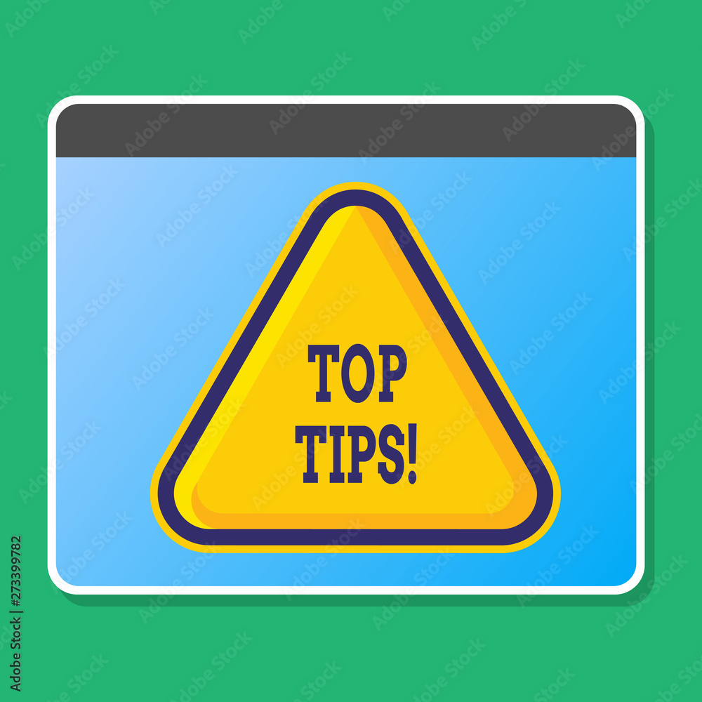 Handwriting text writing Top Tips. Conceptual photo small but particularly useful efficient piece of practical advice Blank Yellow Embossed Triangle with Border as Web Button In Tablet Screen Handwriting text writing Top Tips. Conceptual photo small but particularly useful efficient piece of practical advice Blank Yellow Embossed Triangle with Border as Web Button In Tablet Screen