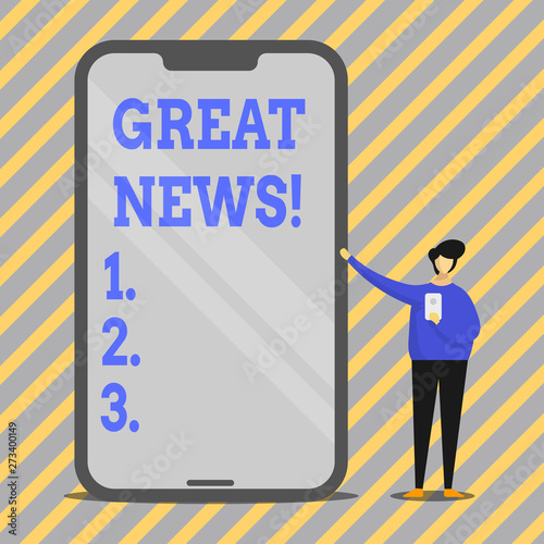 Writing note showing Great News. Business concept for Informal someone or something that positive encouraging uplifting Man Presenting Huge Smartphone while Holding Another Mobile