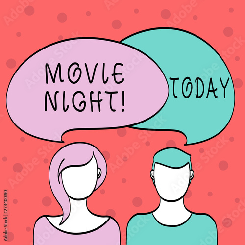 Word writing text Movie Night. Business photo showcasing tells story and that showing watch on screen or television Blank Faces of Male and Female with Colorful Blank Speech Bubble Overlaying