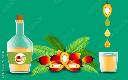 plam oil and palm fruit on the green background