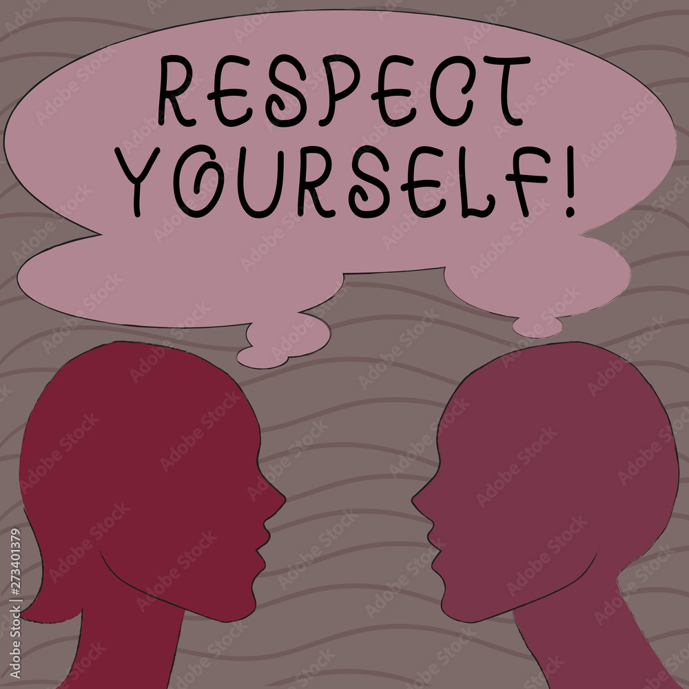 Word writing text Respect Yourself. Business photo showcasing believing that you good and worthy being treated well Silhouette Sideview Profile Image of Man and Woman with Shared Thought Bubble