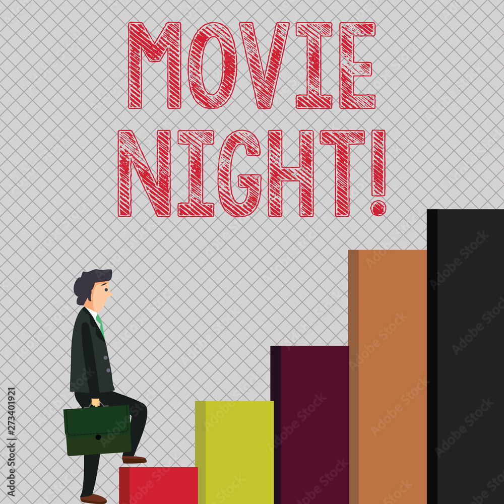 Writing note showing Movie Night. Business concept for tells story and that showing watch on screen or television Man Carrying a Briefcase in Pensive Expression Climbing Up Writing note showing Movie Night. Business concept for tells story and that showing watch on screen or television Man Carrying a Briefcase in Pensive Expression Climbing Up