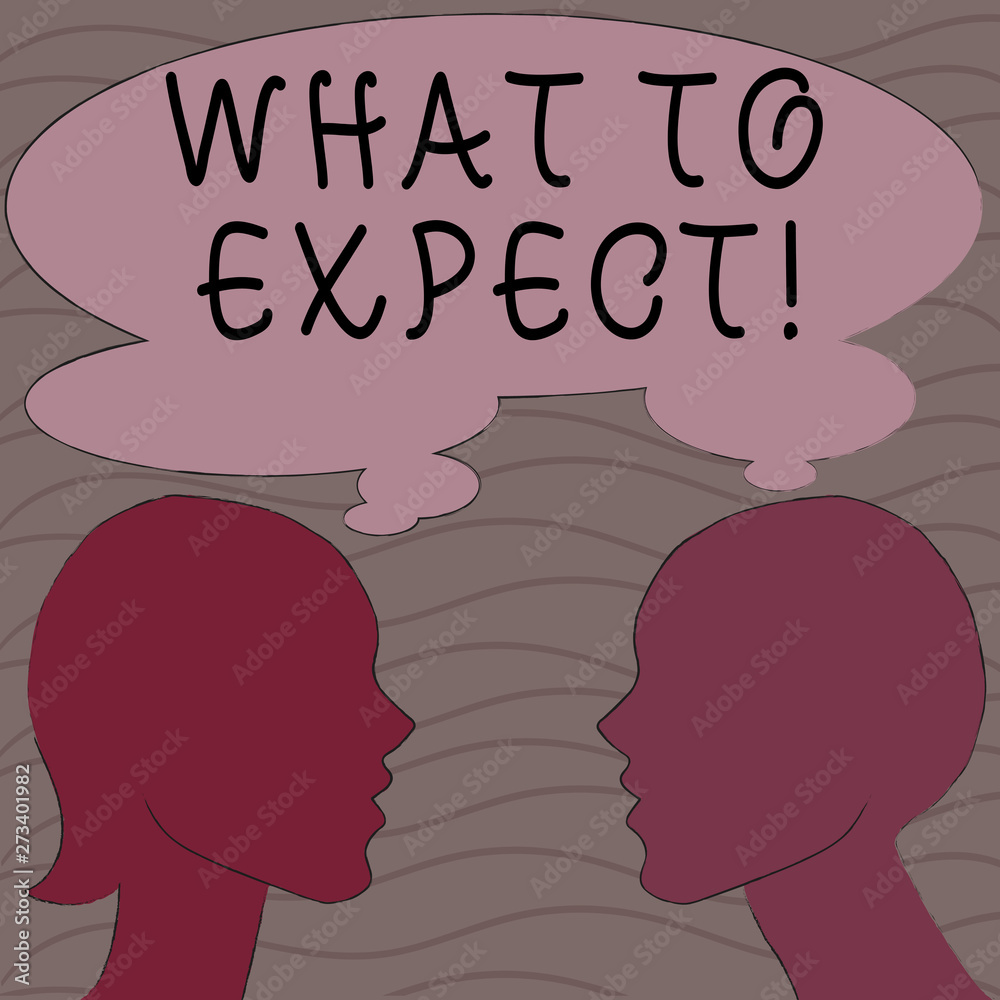 Word writing text What To Expect. Business photo showcasing asking about regard something as likely to happen occur Silhouette Sideview Profile Image of Man and Woman with Shared Thought Bubble