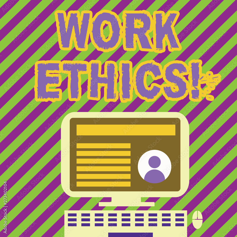 Handwriting text writing Work Ethics. Conceptual photo principle that hard work intrinsically virtuous worthy reward Desktop Computer Mounted on Stand with Online Profile Data on Monitor Screen Handwriting text writing Work Ethics. Conceptual photo principle that hard work intrinsically virtuous worthy reward Desktop Computer Mounted on Stand with Online Profile Data on Monitor Screen