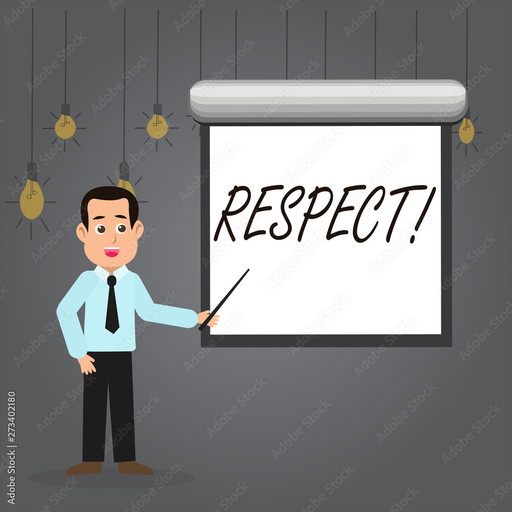 Word writing text Respect. Business photo showcasing Feeling of deep admiration for someone or something Appreciation Man in Necktie Talking Holding Stick Pointing to Blank White Screen on Wall Word writing text Respect. Business photo showcasing Feeling of deep admiration for someone or something Appreciation Man in Necktie Talking Holding Stick Pointing to Blank White Screen on Wall