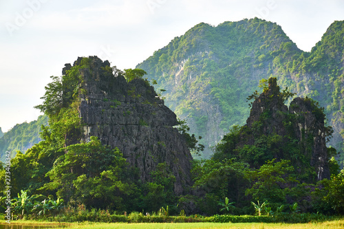 Landscape with mountains in Tam Coc Vietnam.