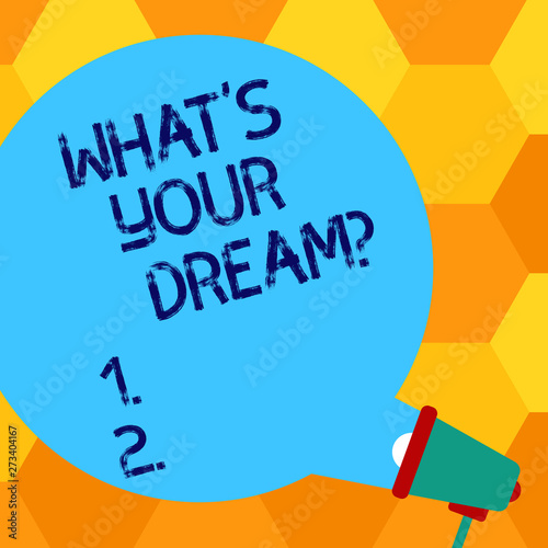 Handwriting text writing What S Your Dream. Conceptual photo Tell us demonstratingal wishes desires motivation expectations Blank Round Color Speech Bubble Coming Out of Megaphone for Announcement © Artur