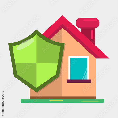 house with green shield for house or property insurance concept symbol vector illustration
