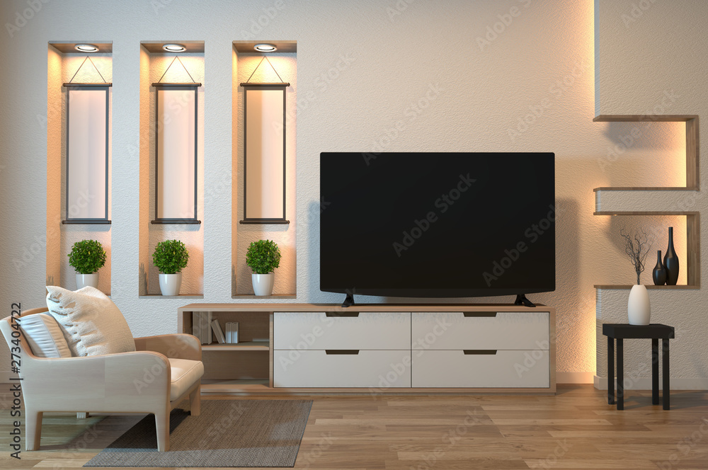 TV cabinet on zen room interior and shelf wall design hidden light,  minimalist and zen interior of living room japanese style.3d rendering  Stock Illustration | Adobe Stock