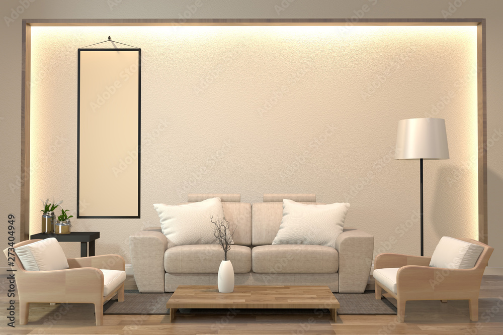 Fototapeta minimal interior design room japanese style with sofa and arm chair and low table design hidden light in shelf wall.3D rendering