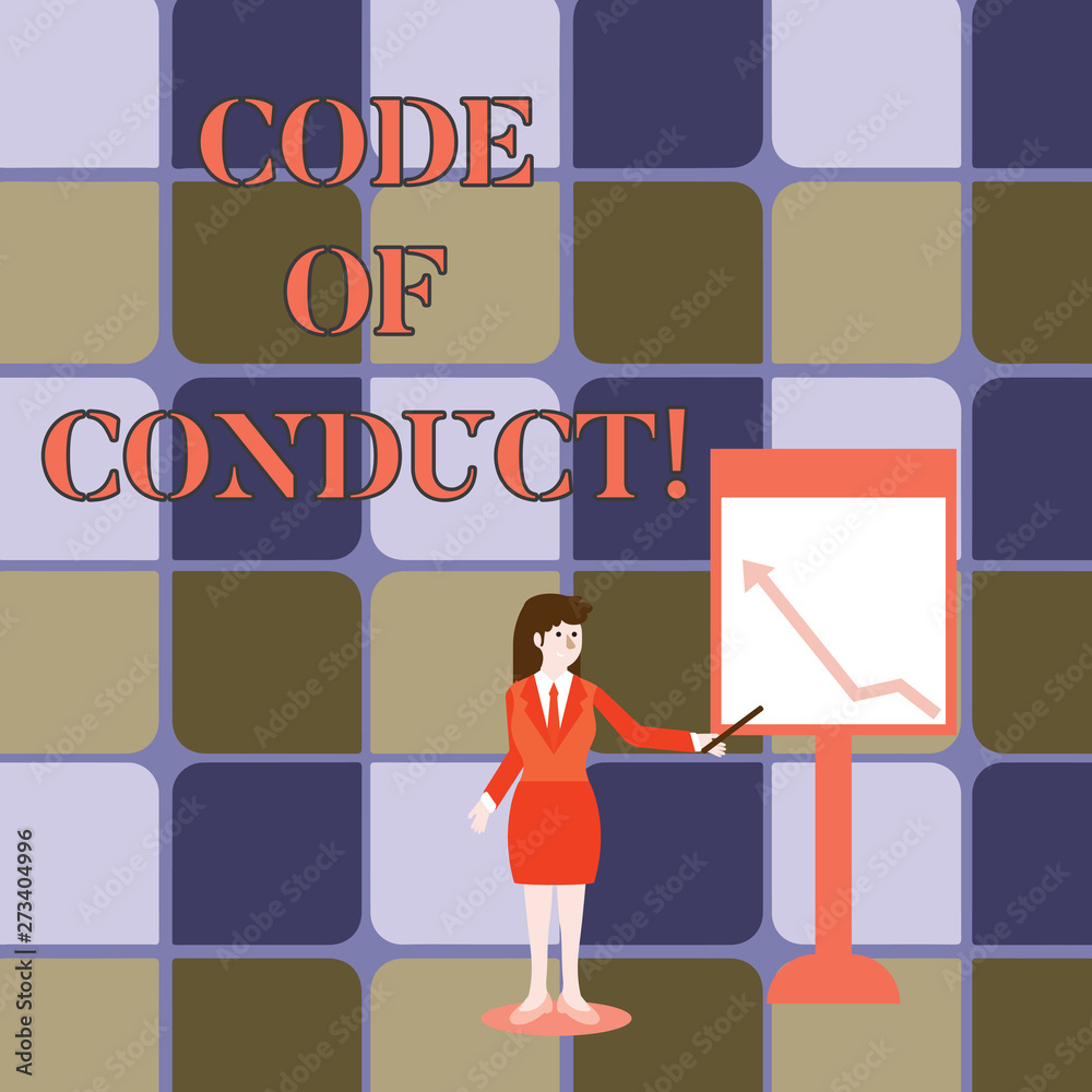 Handwriting text writing Code Of Conduct. Conceptual photo Follow principles and standards for business integrity Businesswoman Holding Stick Pointing to Chart of Arrow Upward on Whiteboard Handwriting text writing Code Of Conduct. Conceptual photo Follow principles and standards for business integrity Businesswoman Holding Stick Pointing to Chart of Arrow Upward on Whiteboard
