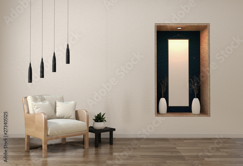 Minimalist modern zen living room with wood floor and decor japanese style.3d rendering