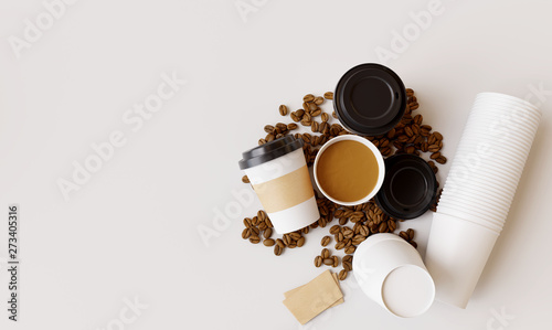 Paper coffee cup with coffee beans on white background. 3d rendering 